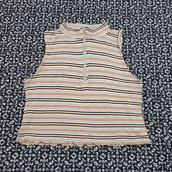 BKE Striped Retro Half Zip Ruffle Cute Turtleneck Chic Boho Sleeveless Crop Top - Picture 1 of 4